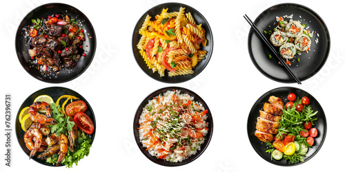 Set of various delicious food in black dishes isolated on transparent background, Top view of various menu served on plates.
