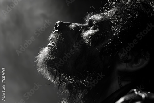 Werewolf, transformation of man into beast during the full moon. Monochrome portrait side view