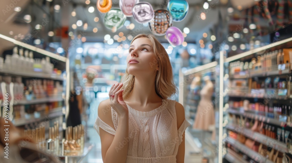 A woman is looking at a display of perfume in a store. She is wearing a white shirt and is smiling