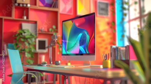 A bright and colorful poster mockup featuring a computer monitor placed on a desk in a creative workspace