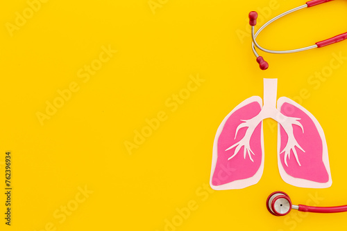 Human organ lungs model and stethoscope, top view. Human health and medical concept