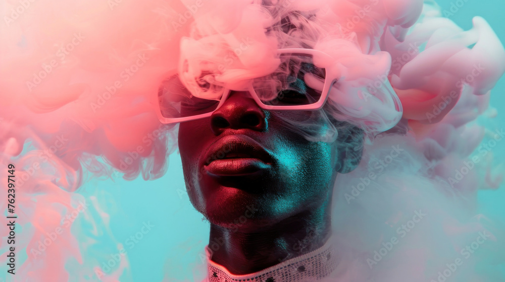 Evocative image of neon smoke swirling around a person whose face is obscured, featuring a lacy collar