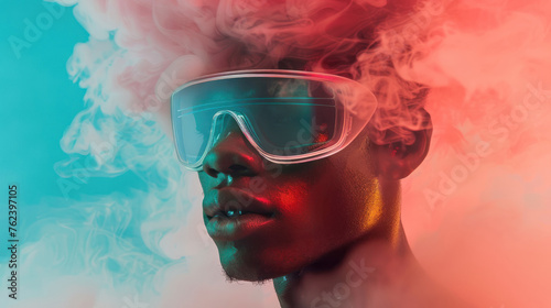 A swirl of vibrant pink and blue smoke surrounds a central obscured individual, suggesting a mood of mystery and obscurity photo