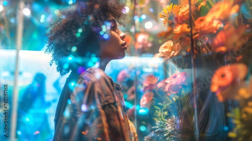 A woman standing in front of a modern floral display in an urban setting. The flowers are arranged artistically, showcasing a mix of edible and bioluminescent blooms