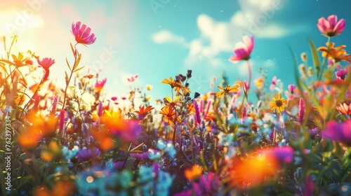 A field filled with vibrant  colorful flowers blooming under a clear blue sky  highlighting biodiversity and natural beauty
