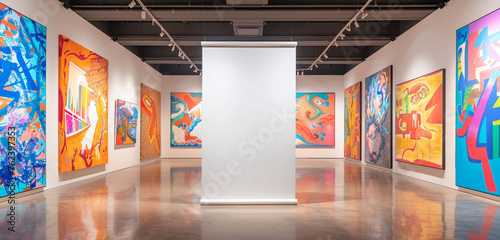 A white blank billboard is hung in a gallery show hall with colorful contemporary artworks surrounding it