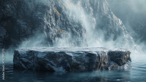 Serene Misty Waterfall Cascading Onto a Rocky Ledge in a Tranquil Wilderness Setting at Dawn