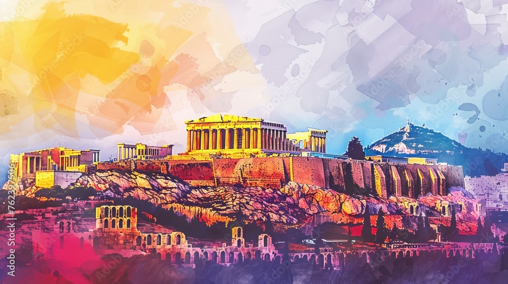 A watercolor painting capturing the dynamic and skillful acrobatic performance at the Acropolis in Athens. The image showcases performers executing daring stunts and balancing acts with precision and  - obrazy, fototapety, plakaty 