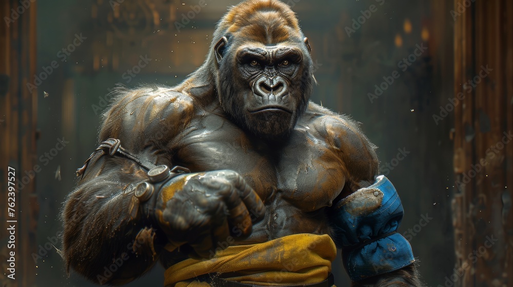 Intense Gorilla Boxer Poised in Stance Ready for a Match in the Ring Intense Gorilla Boxer Poised in Stance Ready for a Match in the Ring