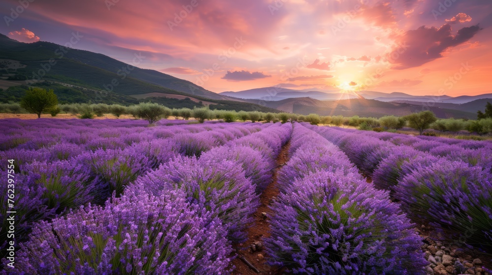 Obraz premium The sun is seen setting in the background of a vast field filled with blooming lavender flowers, creating a stunning natural scene. The purple flowers stand out against the warm glow of the setting su