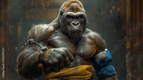 Intense Gorilla Boxer Poised in Stance Ready for a Match in the Ring