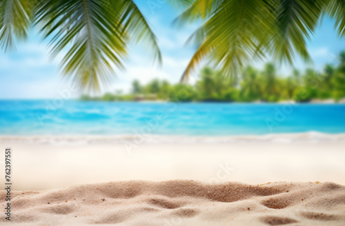 Backdrop featuring a sandy beach, warm sea, and palm trees on both sides, perfect for product showcases or text overlays. Evokes the serene beauty of a tropical paradise, ideal for promoting beachwear