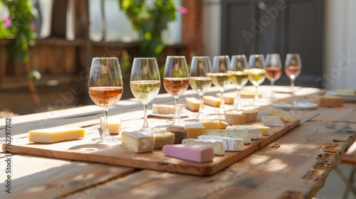 A wooden table is set with glasses of wine and various types of cheese, creating a perfect pairing for a cozy gathering or wine tasting event photo