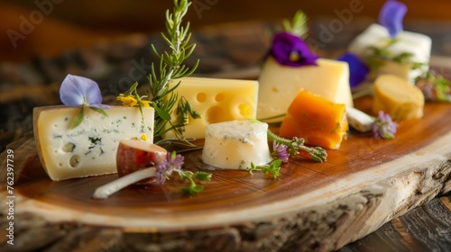 A wooden plate showcasing a variety of cheese types including American and artisanal options, perfect for a gourmet tasting experience
