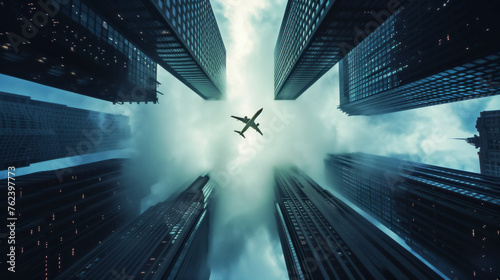 A cinematic image looking straight up at sky filled with tall black modern skyscraper buildings reaching to the clouds with a private jet flying directly overhead. photo