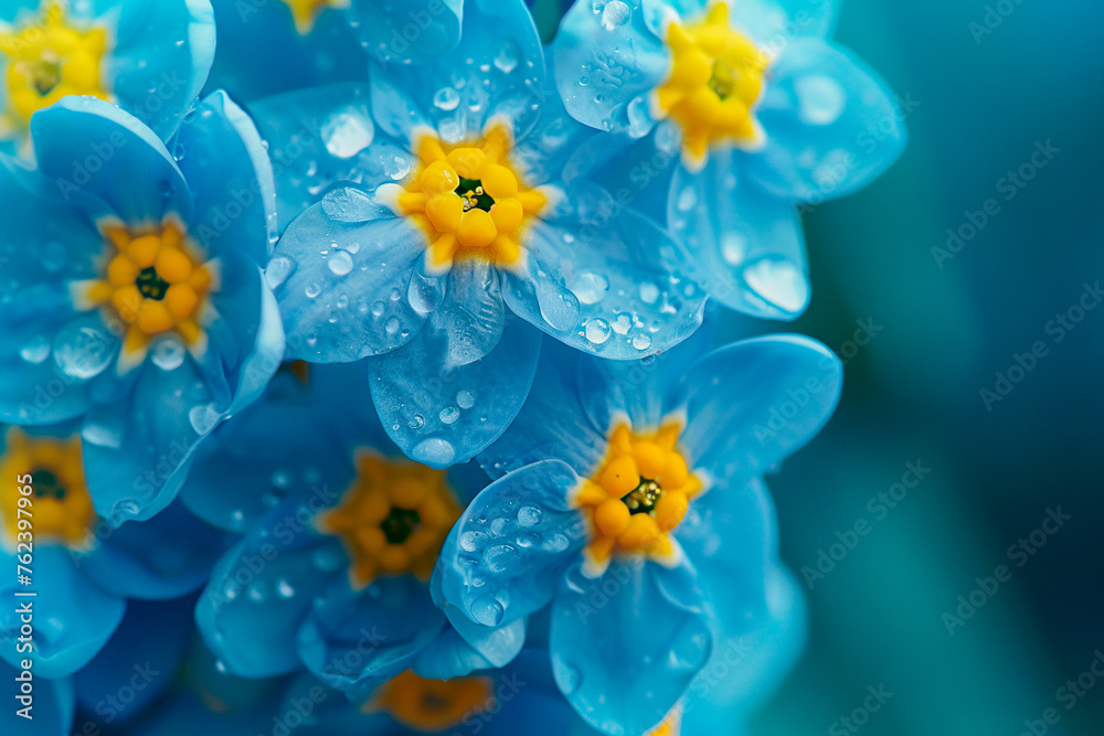 Cluster of blue flowers with yellow centers. Macro floral background.