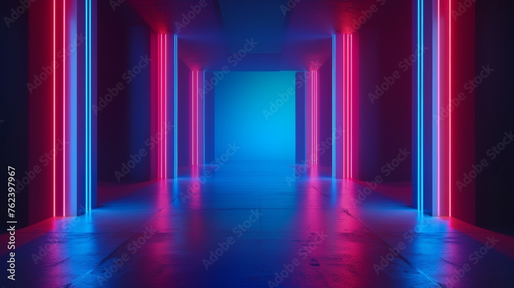 Empty Room With Neon Lights and Blue Floor
