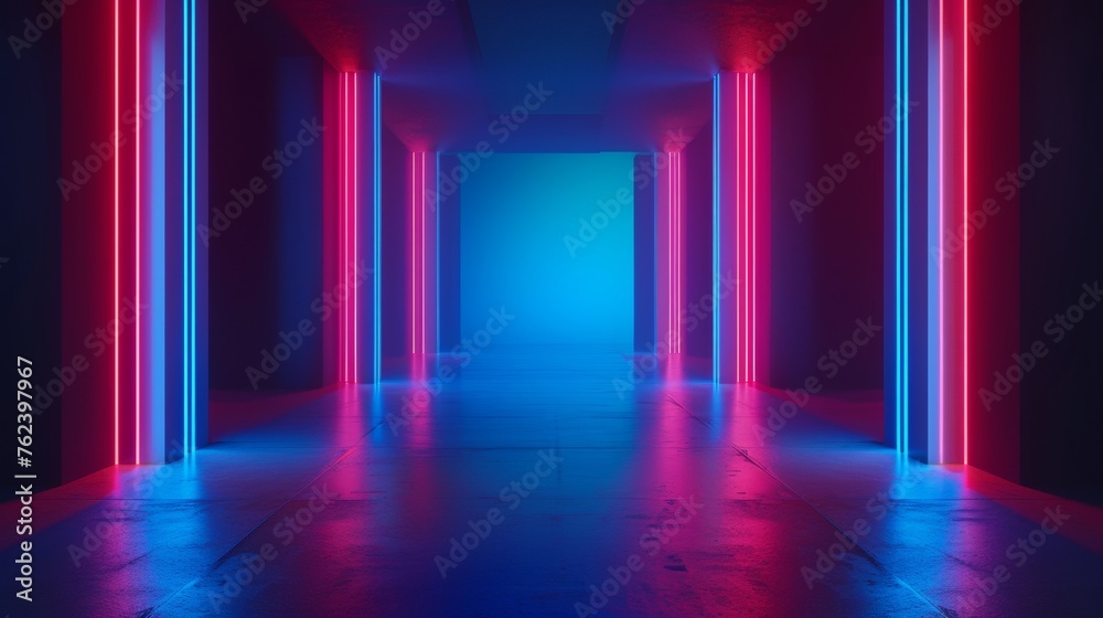 Empty Room With Neon Lights and Blue Floor Empty Room With Neon Lights and Blue Floor