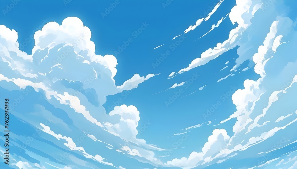 Blue sky with clouds. Anime style background with shining sun and white ...