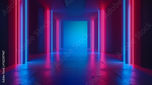 Empty Room With Neon Lights and Blue Floor
