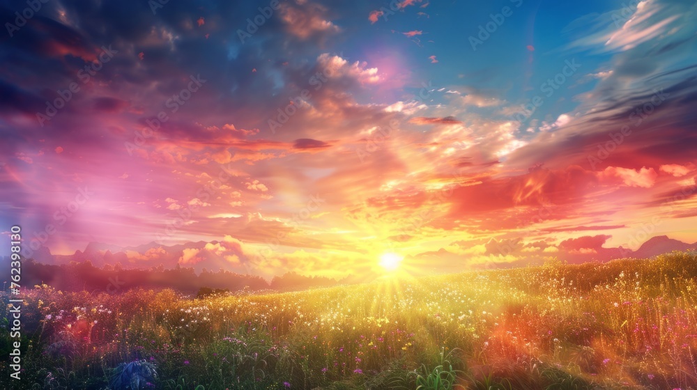 The sun is setting over a colorful field of blooming flowers, casting a warm glow across the landscape