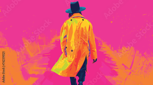 Stylish man in a yellow coat walking against a pink background