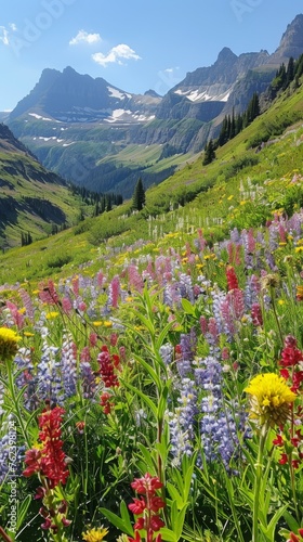 A field in the mountains bursting with a variety of wildflowers in full bloom, creating a colorful and lively scene under the clear blue sky.