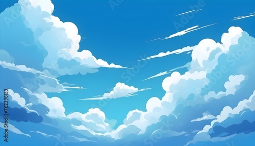 Blue sky with clouds. Anime style background with shining sun and white fluffy clouds. Sunny day sky scene cartoon vector illustration. Heavens with bright weather, summer season outdoor