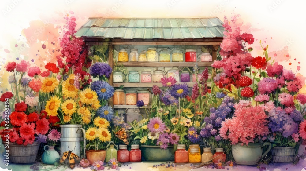 Generative AI Digital miniatures of bee colonies and vibrant floral gardens, depicted in an atmospheric watercolor style with grocery art-inspired details.