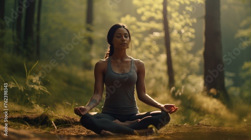 Generative AI A yoga session taking place on a tranquil forest clearing, surrounded by the gentle sounds of nature.