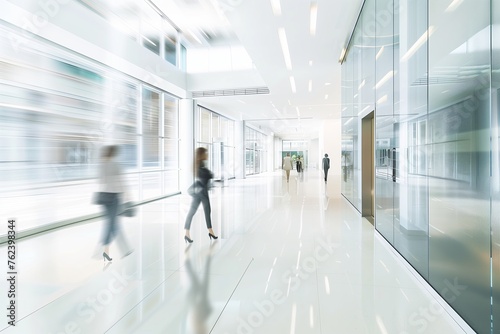 Blurred figures of business people in modern building interior. Space for copy