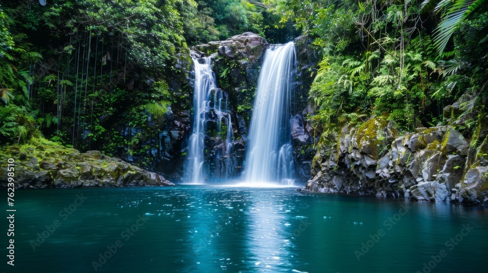 A powerful waterfall cascading down into a vast body of water, creating a dramatic and dynamic scene in the natural landscape. The water plunges from a height, sending sprays and mist around the surro