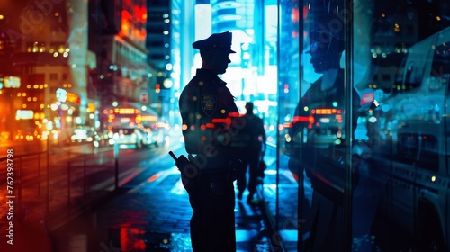 A police officer in uniform standing in front of a window, with a serious expression on their face. The officer is looking outwards, possibly observing a scene outside the building.