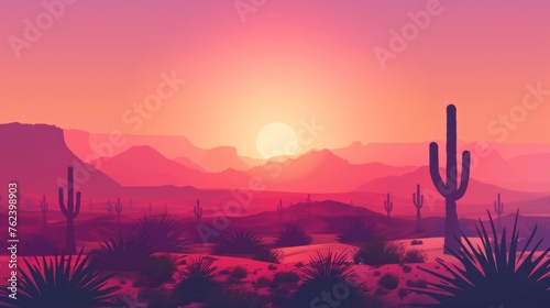 The sun is setting over a desert landscape, casting warm hues across the sandy terrain
