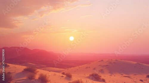 The sun is setting over a desert landscape  casting a warm glow on the sandy terrain