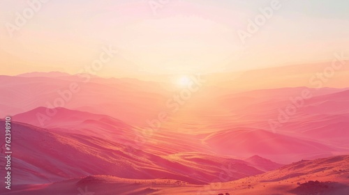 The sun gradually descends behind a mountain range  casting a warm glow over the desert landscape