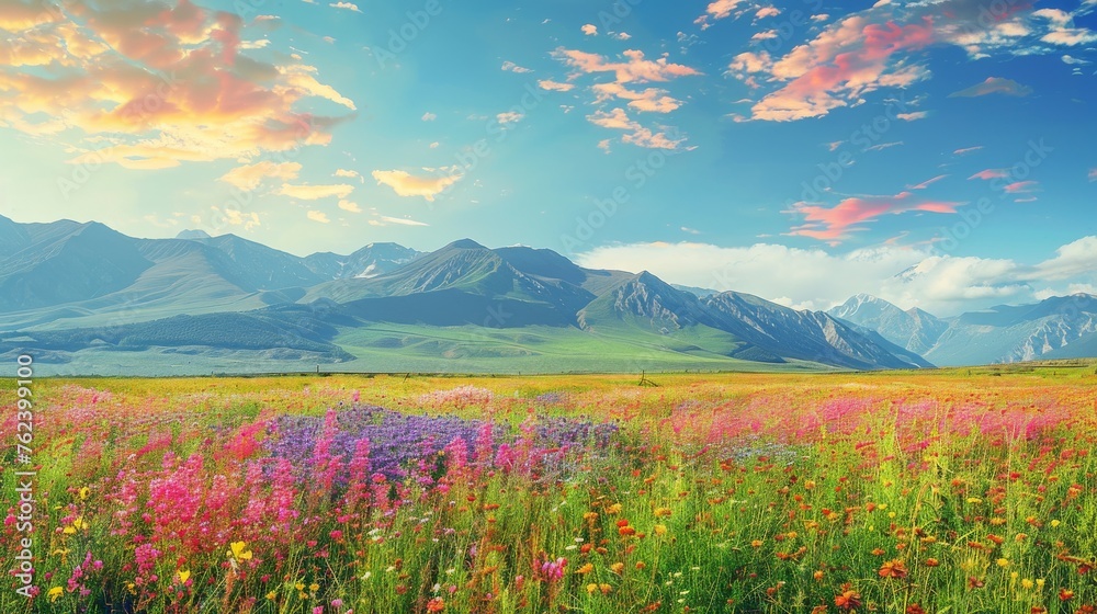 A field filled with various wildflowers in vibrant colors stretching towards the horizon, with majestic mountains towering in the background under a clear blue sky.