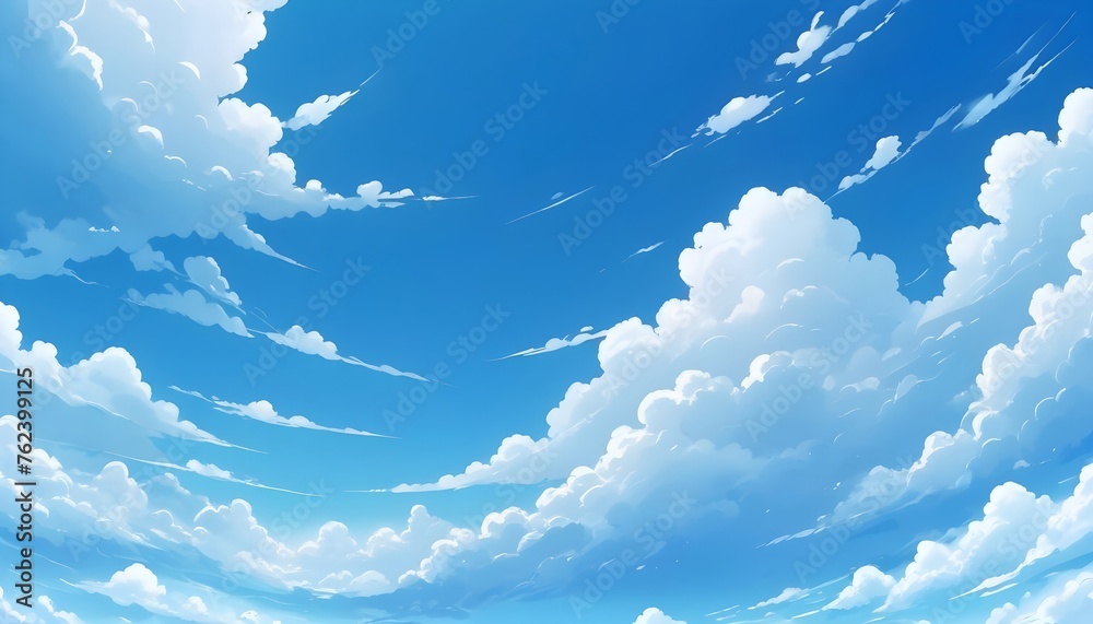 Blue sky with clouds. Anime style background with shining sun and white ...