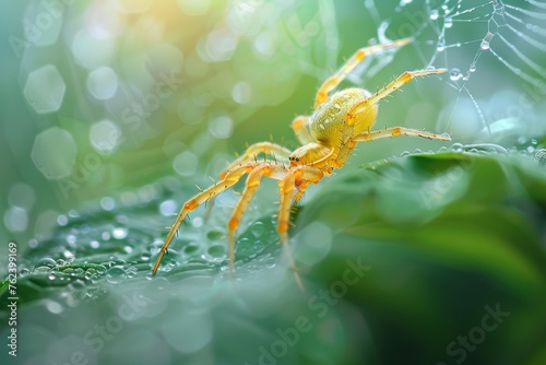A close-up view of a Yellow Sac spider crawling on a green leaf, showcasing its intricate features and movements. The spiders body and legs are visible in detail against the vibrant foliage.
