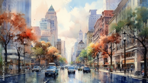 Generative AI A vibrant cityscape with towering skyscrapers and bustling streets. landscape watercolor photo