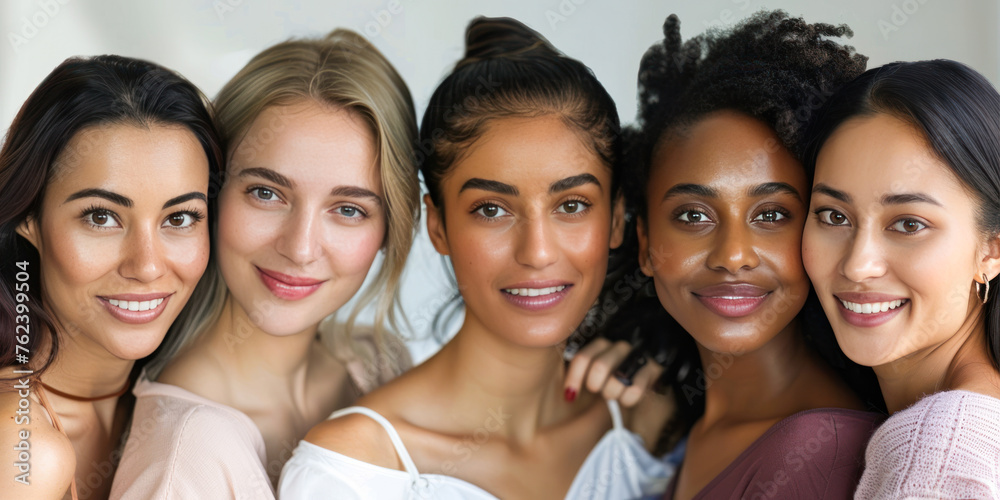 Obraz premium Portrait of group of multiracial women posing together against a grey background. Multiracial females standing together looking at camera and smiling. Multi-ethnic beauty. Different ethnicity women