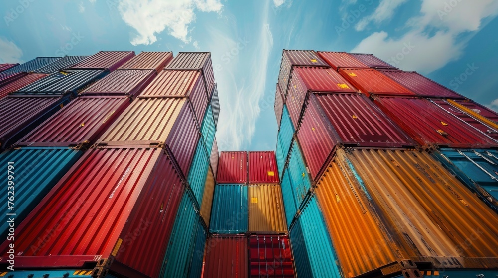 Fototapeta premium Set of containers of different colors grouped on top of others on a ship or warehouse in high resolution and high quality. concept of merchandise containers, cargo