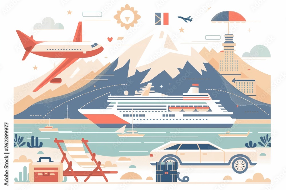 Travel elements cartoon illustration - plane, cruise boat, luxury car, with a tropical island landscape, vacation, travel agency