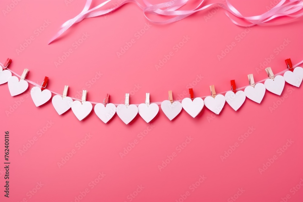 A creative decoration of white and red paper hearts strung on a line against a vibrant pink backdrop.
