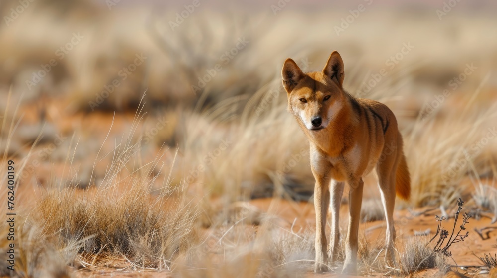 A small dog is standing by itself in the middle of a vast desert landscape. The dog appears to be alert and looking around its barren surroundings.