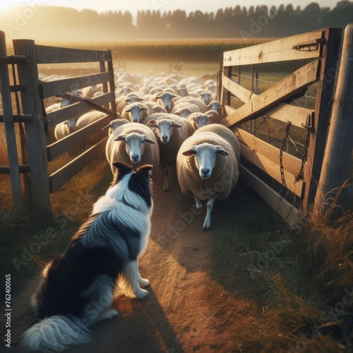 Collie dog helps round up and herd sheep into farm 