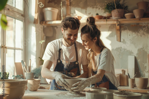 Young couple create pottery sculpture with hands on a pottery wheel from grey clay. Ceramics store, small family business. Pottery workshop, hobby, romantic date. Ceramist teacher photo