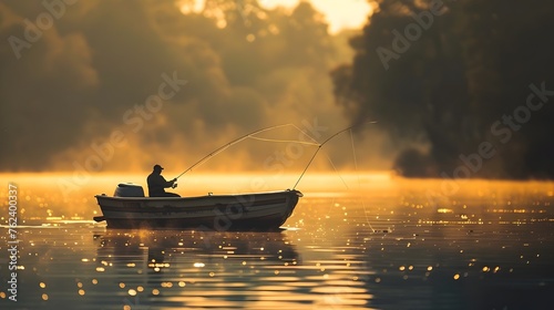 Fisherman Casting Line in Morning Mist at Golden Hour on Lake