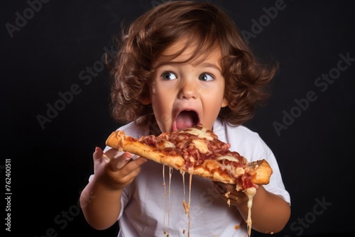 A little boy brings a large piece of delicious pizza cake to his mouth on a black background