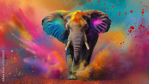  elephant at the annual elephant festival in India . Animal covered on holi paints . Travel holi festival © StellaPattaya